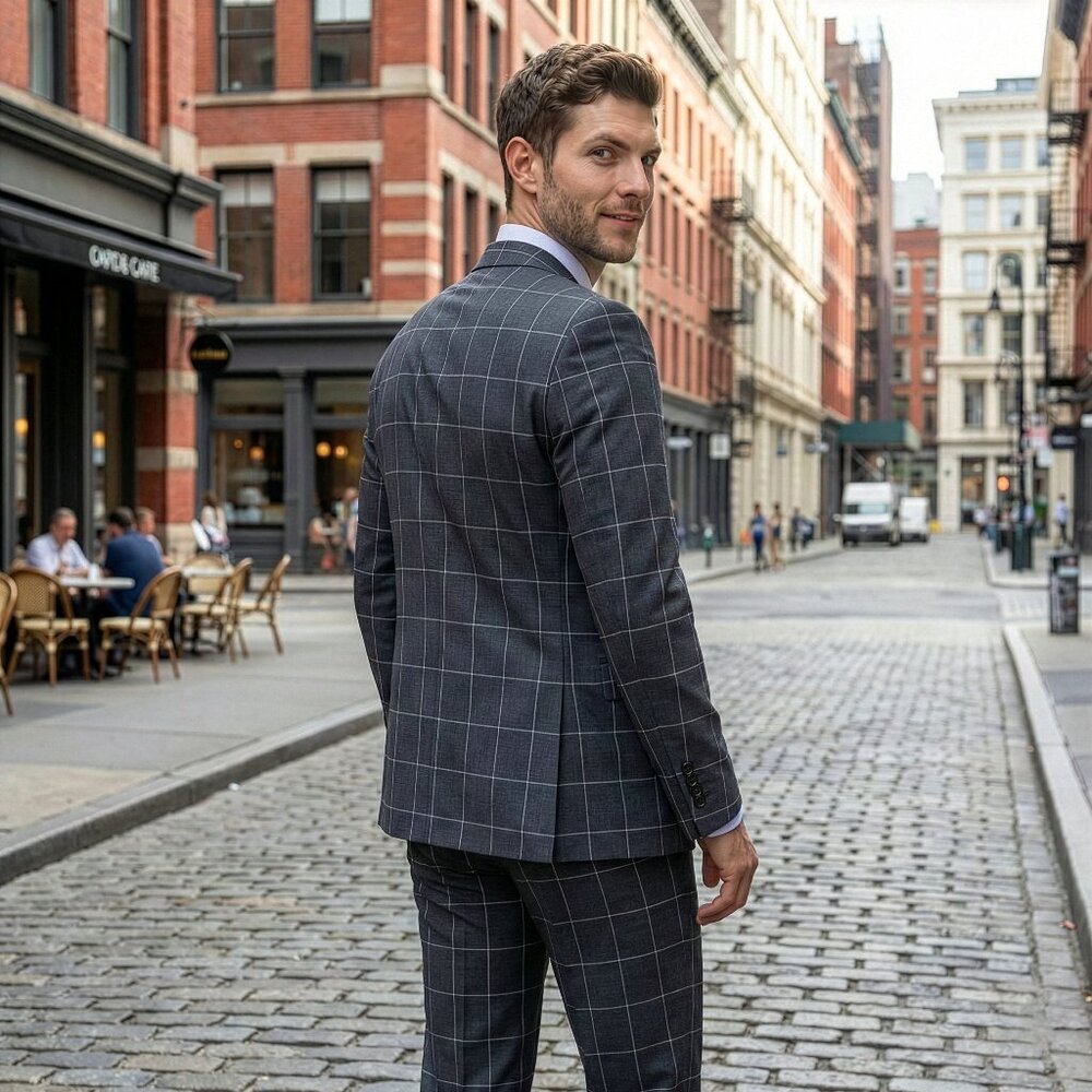 New 2026 Mens 3pc Windowpane Grey Suit Set, Hybrid Fit (H2) - Picture 3 of 3